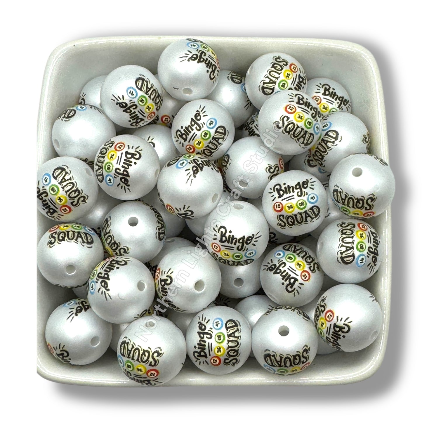 Bingo Printed Matte White 16mm Acrylic Beads - 20pc.
