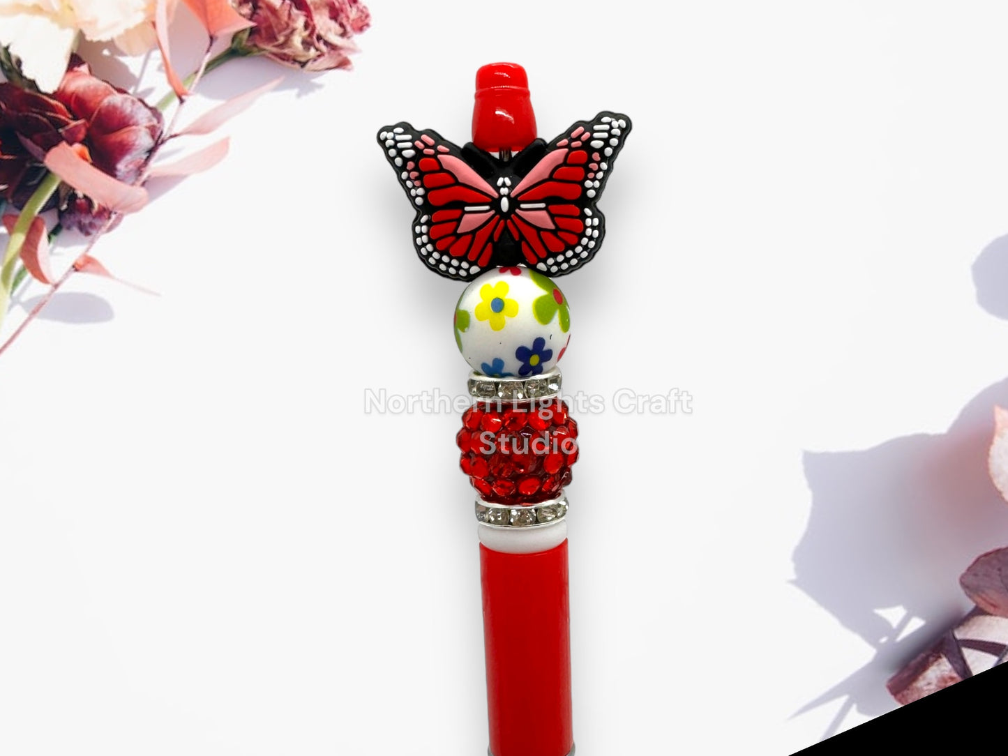 Custom Beaded Butterfly Pen, Butterfly Bead Pen, Bling Pen, Cute Pen, Spring Pen, Inexpensive Stocking Stuffer, Silicone Focal Pen