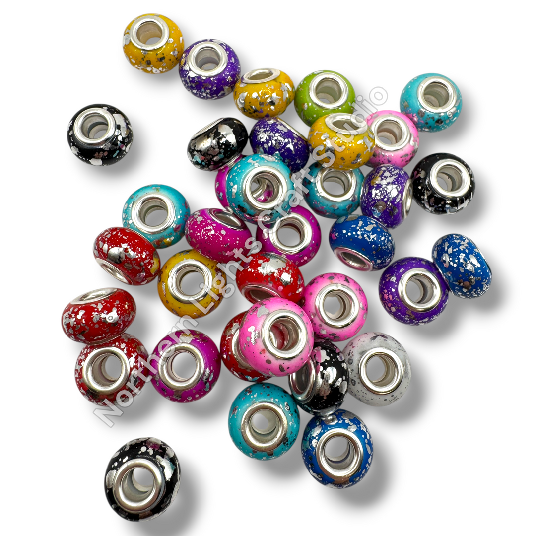 Silver Splatter Acrylic Wheel Spacer 14mm Bead Mix - 25pc.
