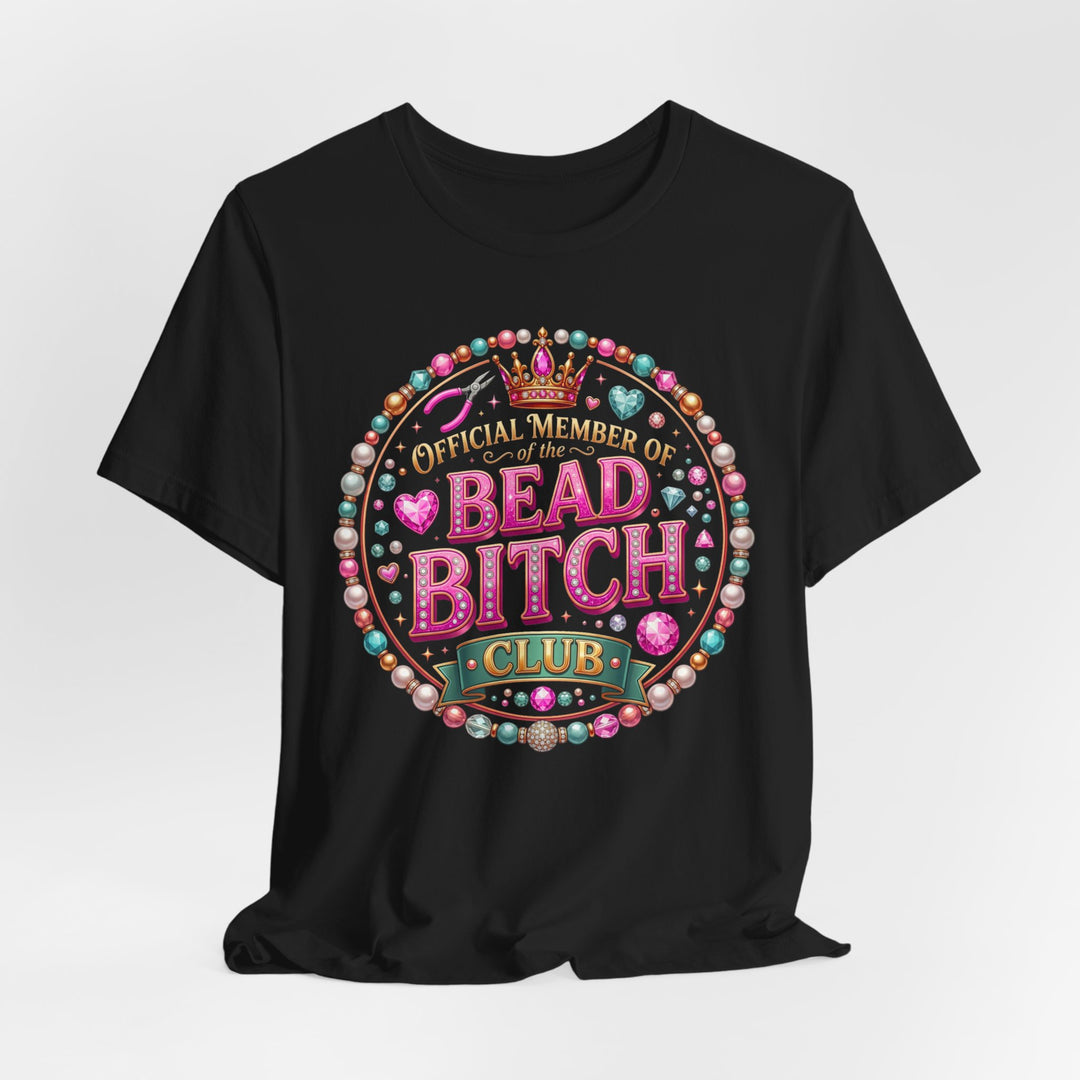 Bead Bitch Club T-Shirt | Mardi Gras Beads, Glitter Lettering, Pearl Frame