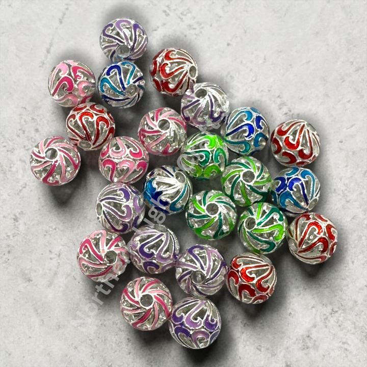 Copper Base Plated Enamel Filigree Swirl 10mm Beads - 10pc. Mix - Gold or Silver