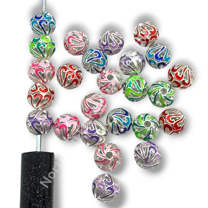 Copper Base Plated Enamel Filigree Swirl 10mm Beads - 10pc. Mix - Gold or Silver