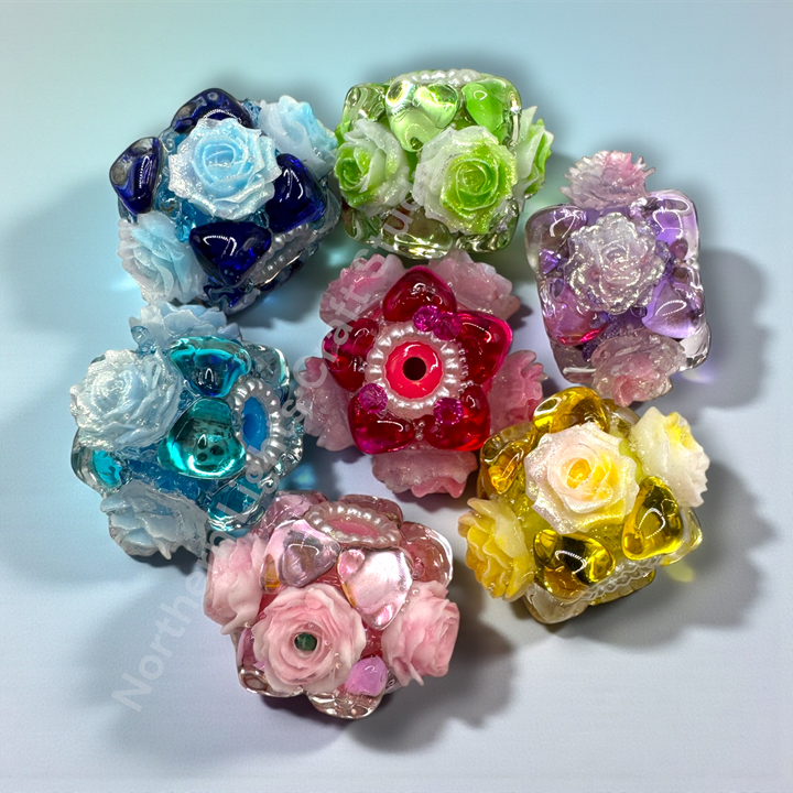 Glass Heart Bubble and Soft Flower Fancy Beads - 5pc. Mix