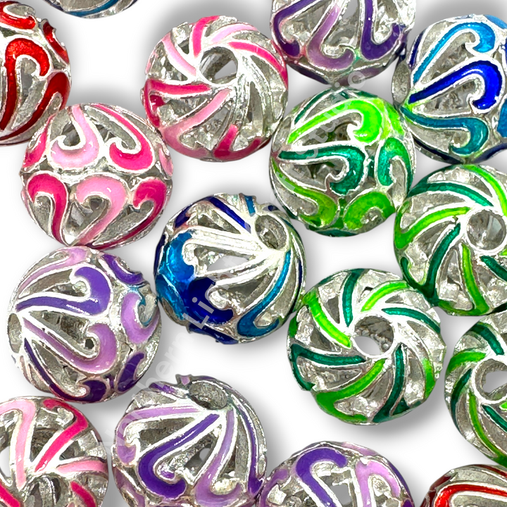 Copper Base Plated Enamel Filigree Swirl 10mm Beads - 10pc. Mix - Gold or Silver