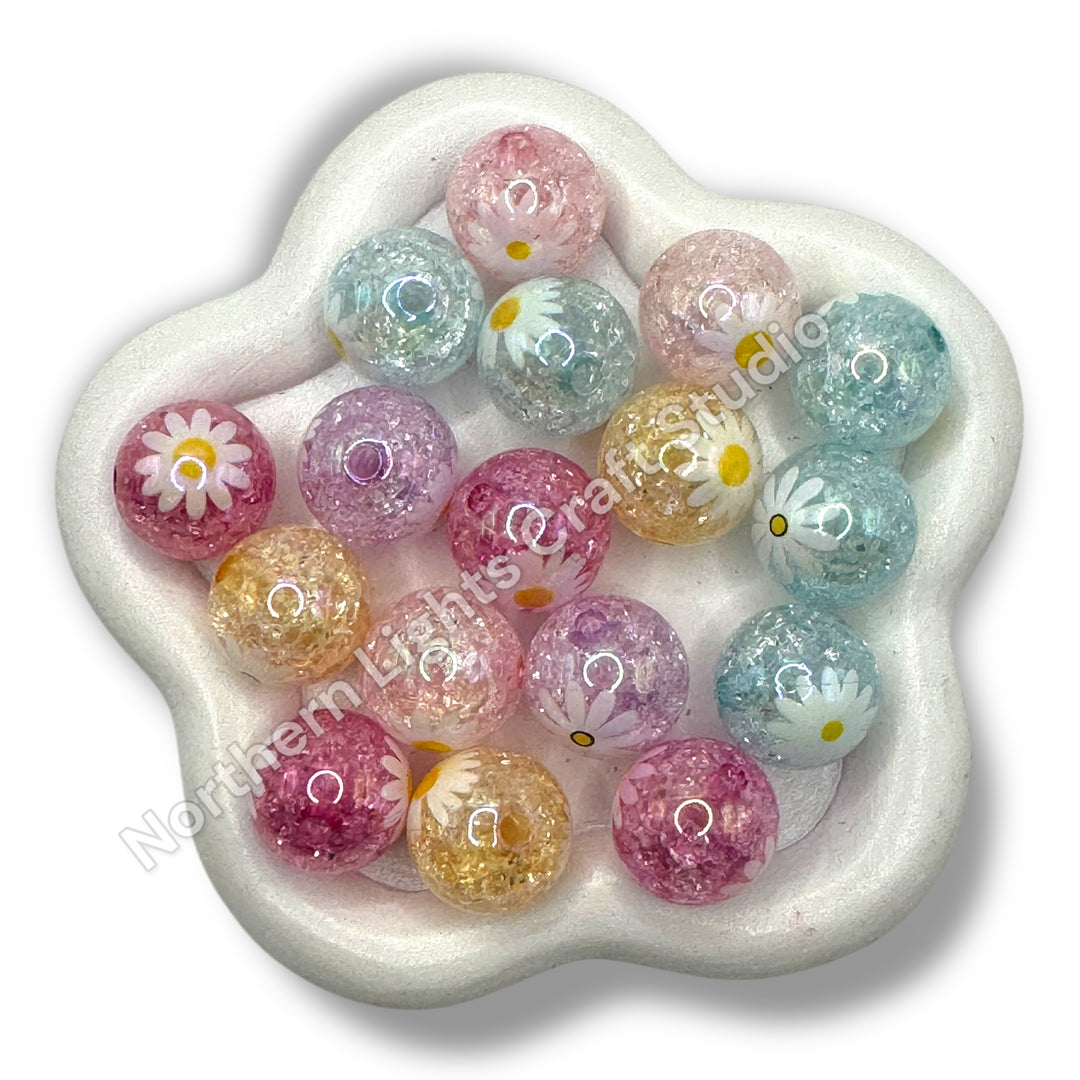 Daisy Printed Crackle 16mm Acrylic Beads - 20pc.