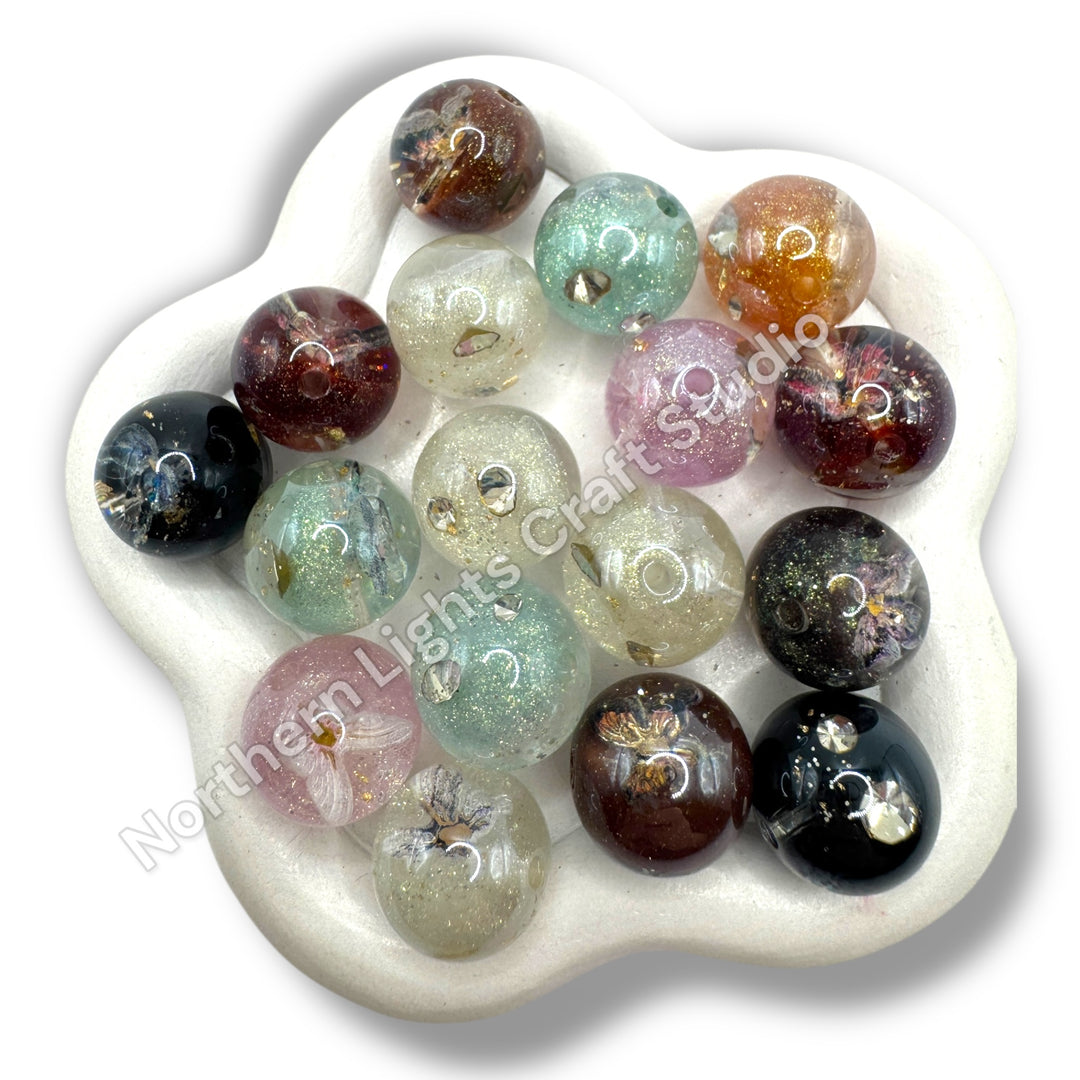 Glitter UV Coated Premium Resin Luminous 16mm Beads With Metal Butterfly Charm Inside -20pc.