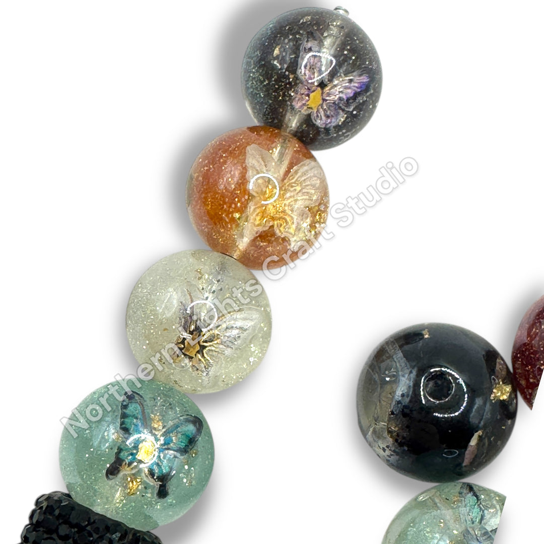 Glitter UV Coated Premium Resin Luminous 16mm Beads With Metal Butterfly Charm Inside -20pc.