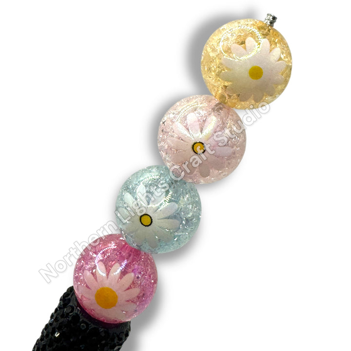 Daisy Printed Crackle 16mm Acrylic Beads - 20pc.