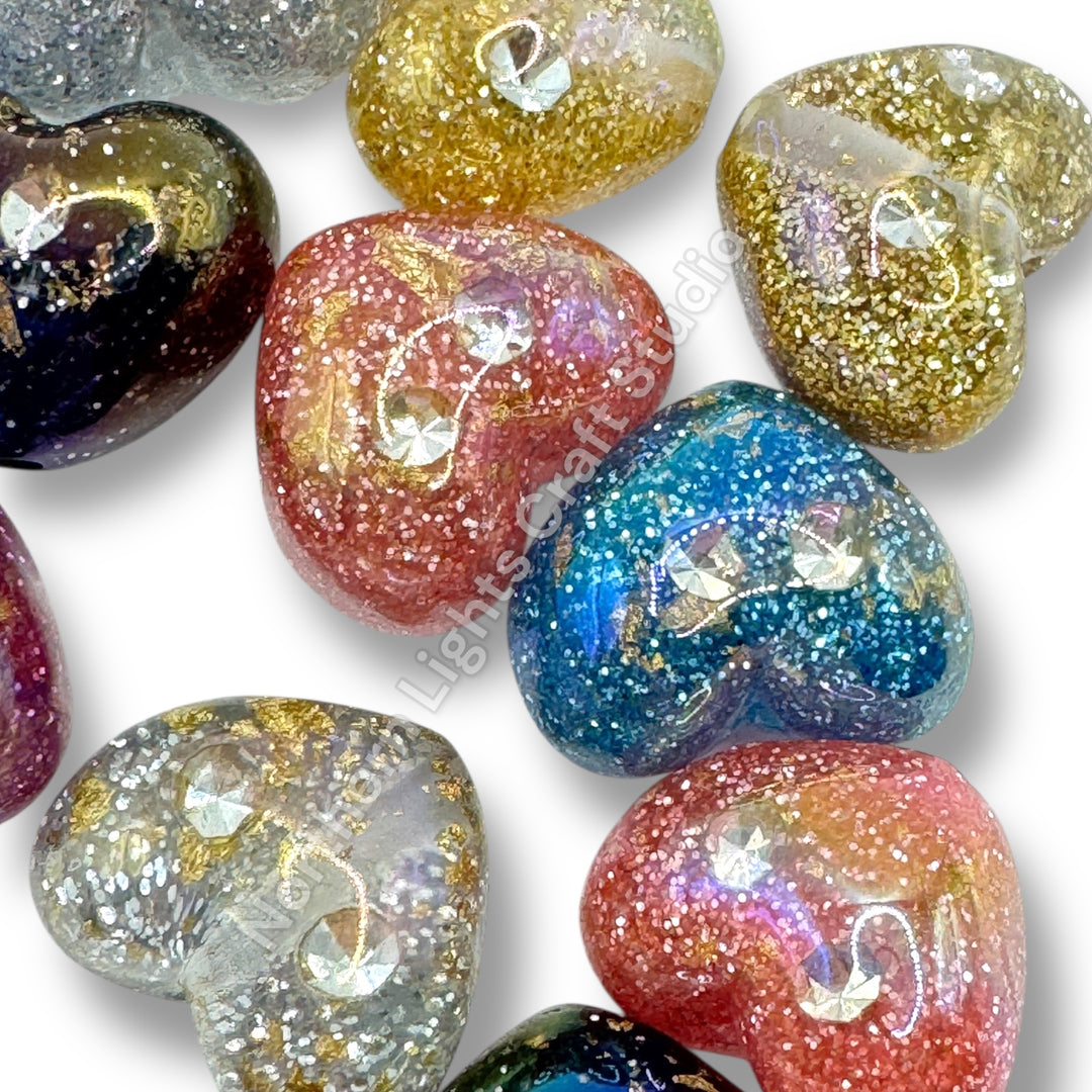 Glitter Gold Flake and Crystal Acrylic Heart Beads - 10pc.
