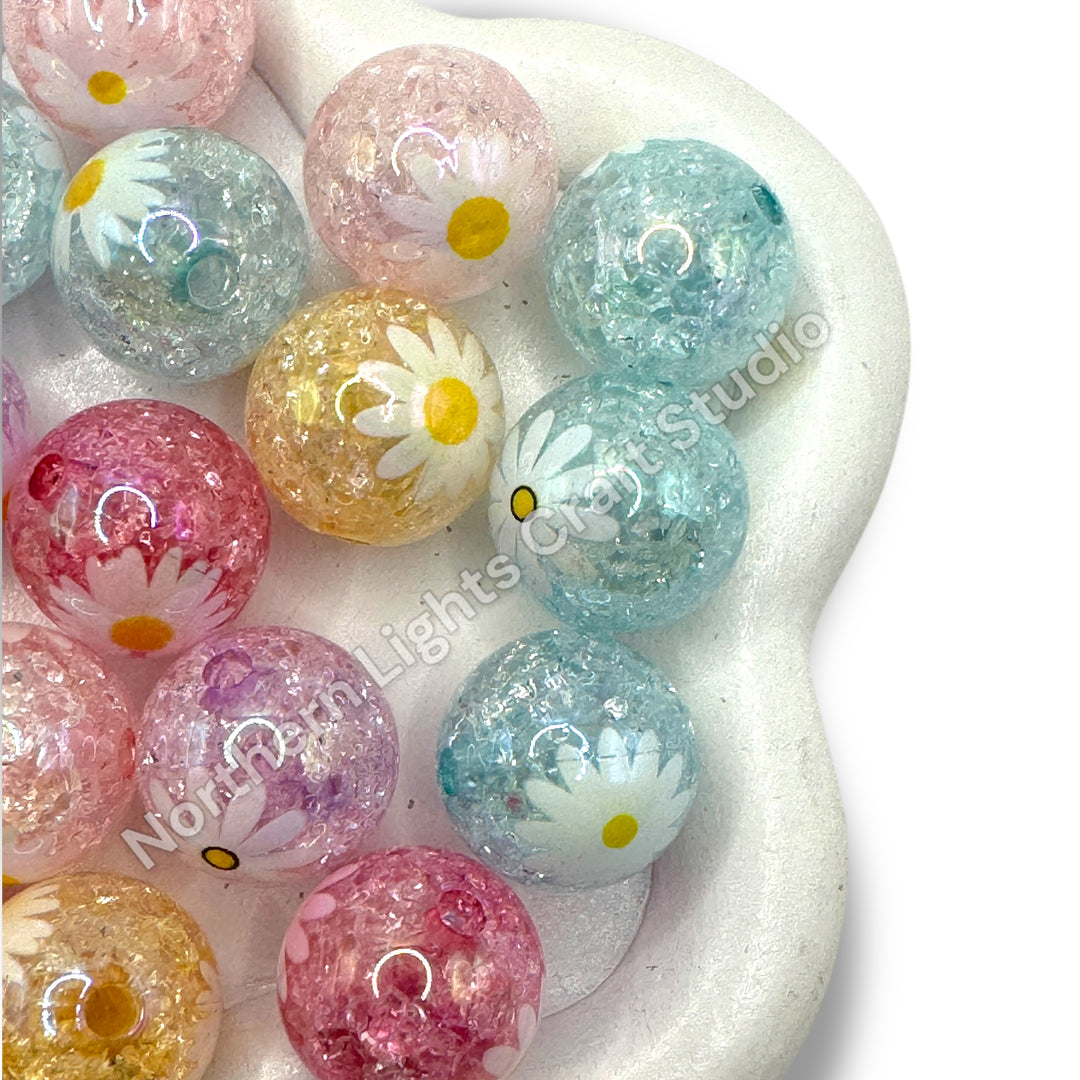 Daisy Printed Crackle 16mm Acrylic Beads - 20pc.