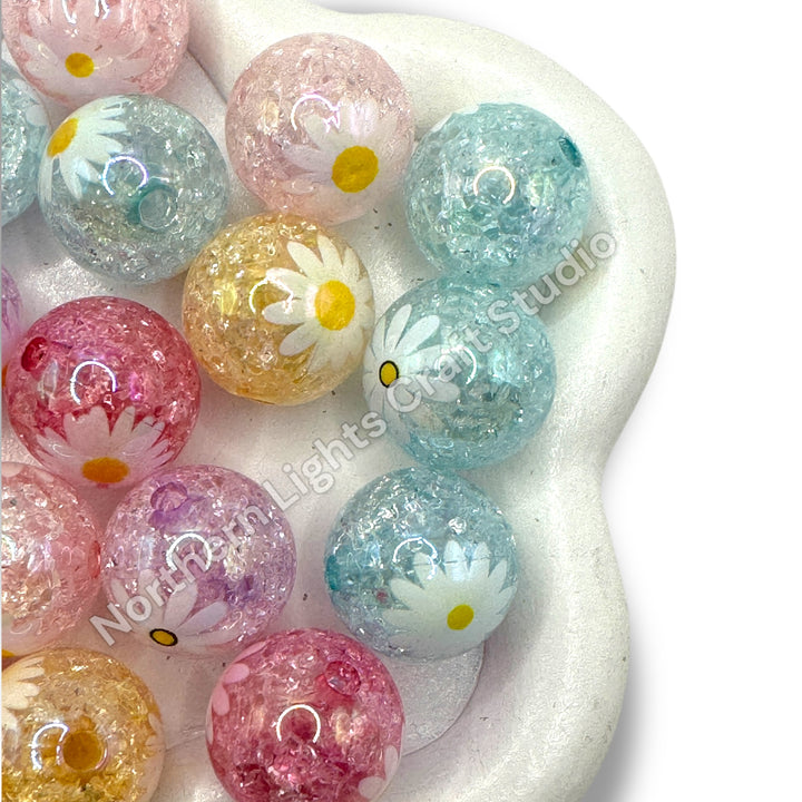 Daisy Printed Crackle 16mm Acrylic Beads - 20pc.