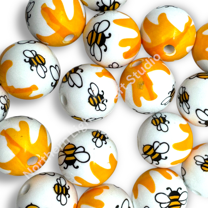 Bee and Honey Printed Mix White 16mm Acrylic Beads - 20pc.
