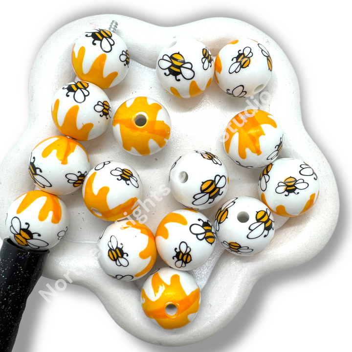 Bee and Honey Printed Mix White 16mm Acrylic Beads - 20pc.