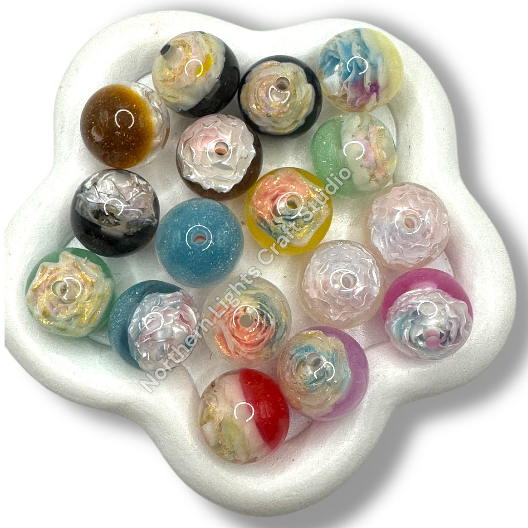 Glitter and Carved Flower Charm Color Changing Luminous Half Cat Eye 16mm Bead Mix  - 25pc.