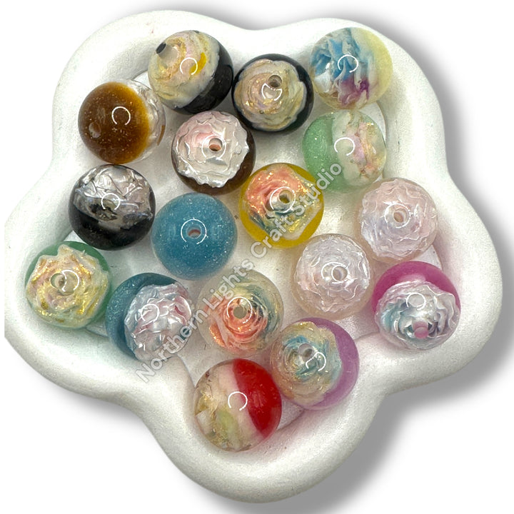 Glitter and Carved Flower Charm Color Changing Luminous Half Cat Eye 16mm Bead Mix  - 25pc.
