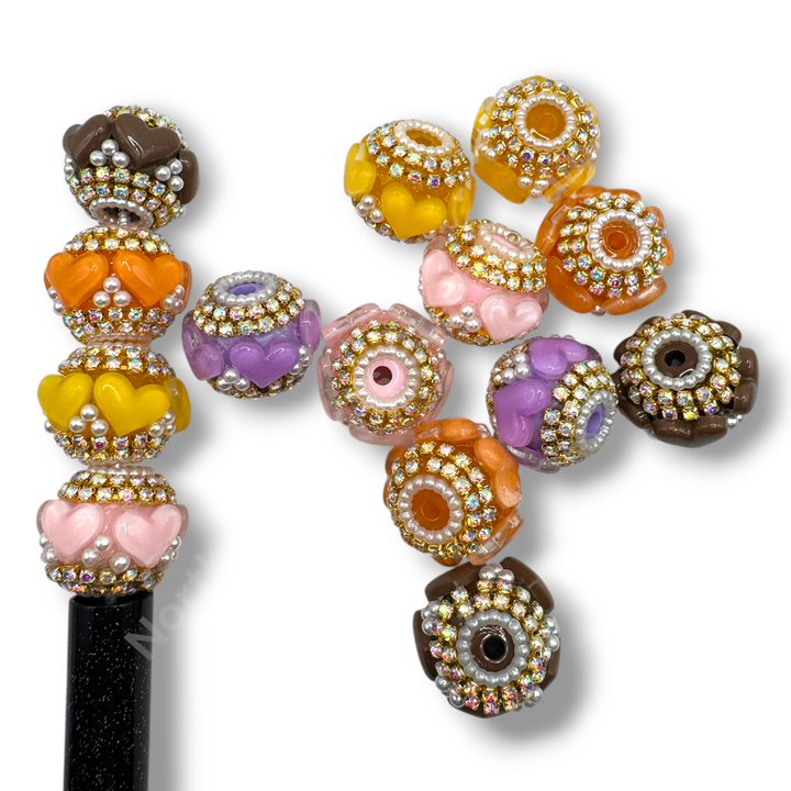 Acrylic Heart Charm With Gold Rhinestone Chain Bead Mix - 10pc. Mix
