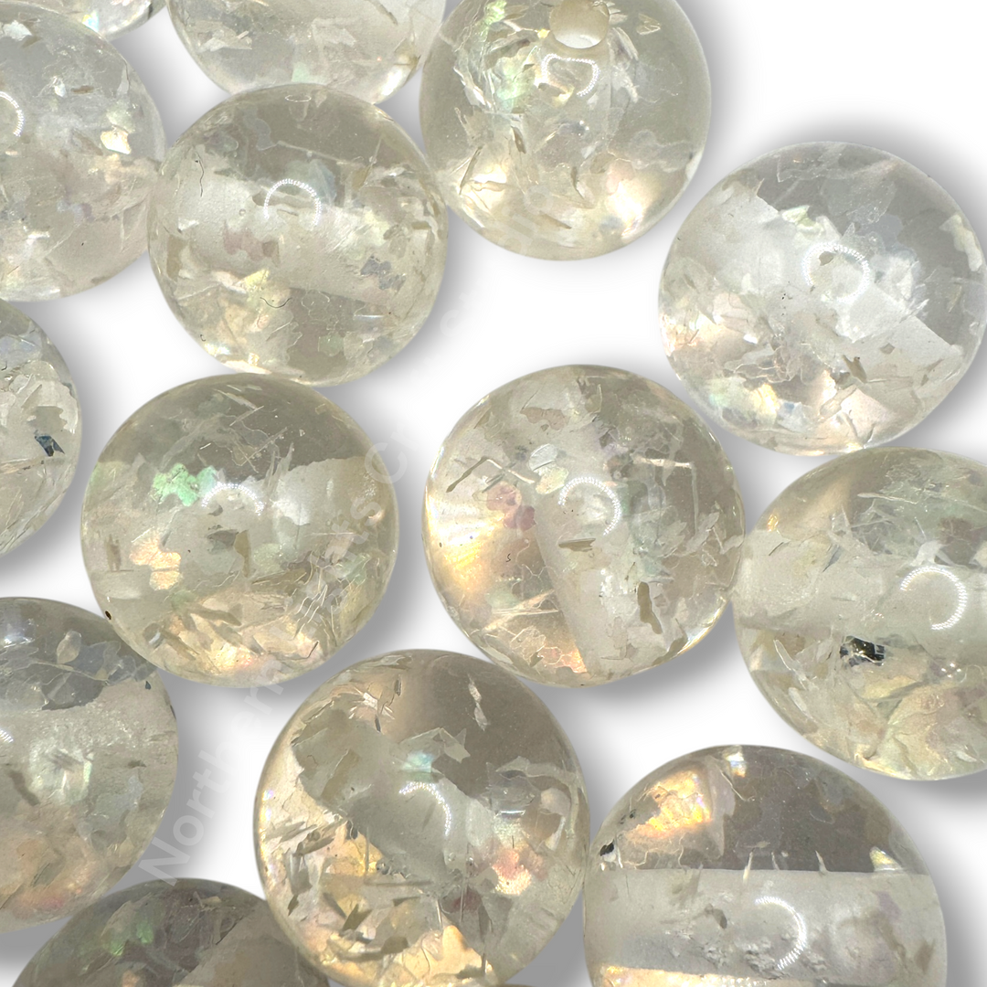 Clear Irridescent Flake White Core Acrylic 20mm Beads -10 pc.