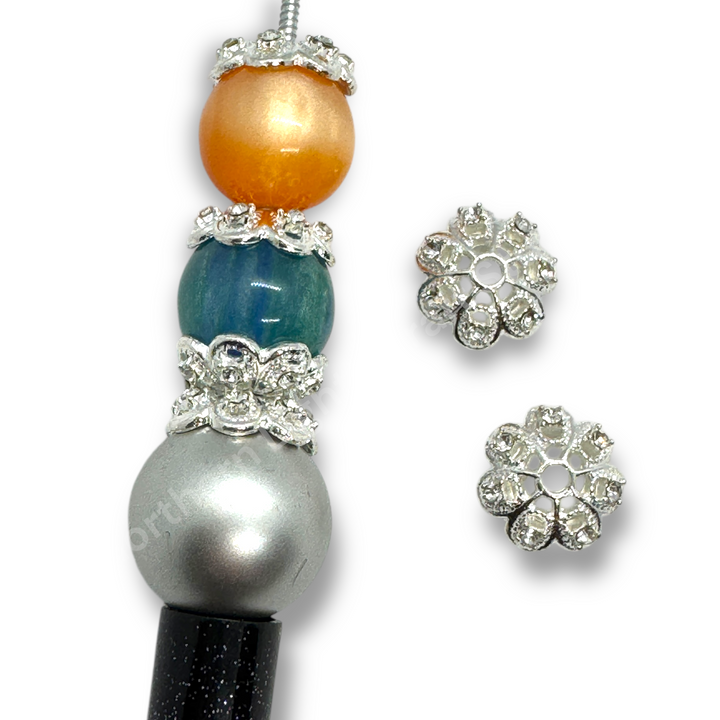 Silver Luxury Metal Flower Rhinestone Silver 16mm Bead Cap  - 10pc.