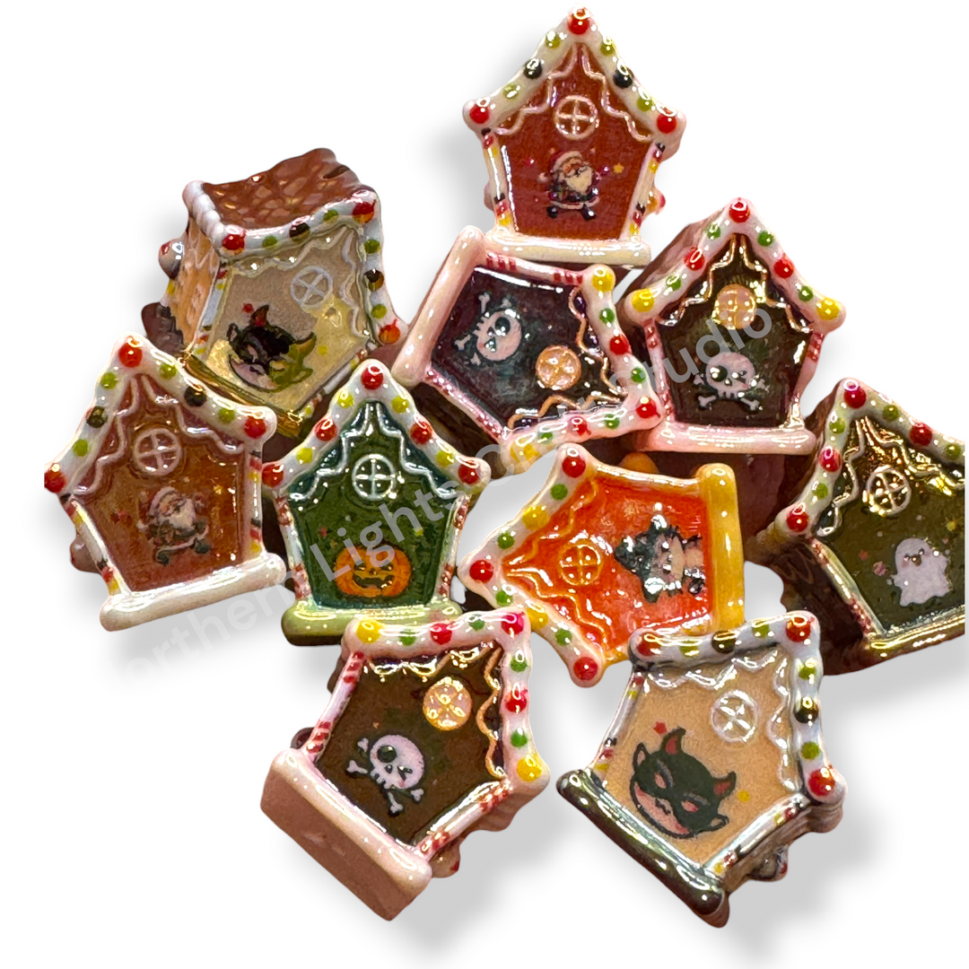 Halloween and Christmas Gingerbread UV Handpainted House Bead Mix -10pc.