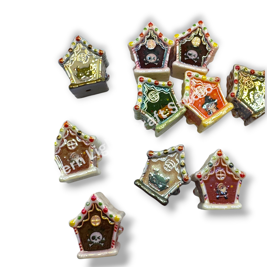 Halloween and Christmas Gingerbread UV Handpainted House Bead Mix -10pc.