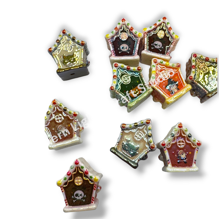 Halloween and Christmas Gingerbread UV Handpainted House Bead Mix -10pc.