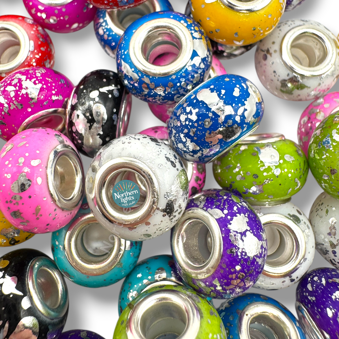 Silver Splatter Acrylic Wheel Spacer 14mm Bead Mix - 25pc.