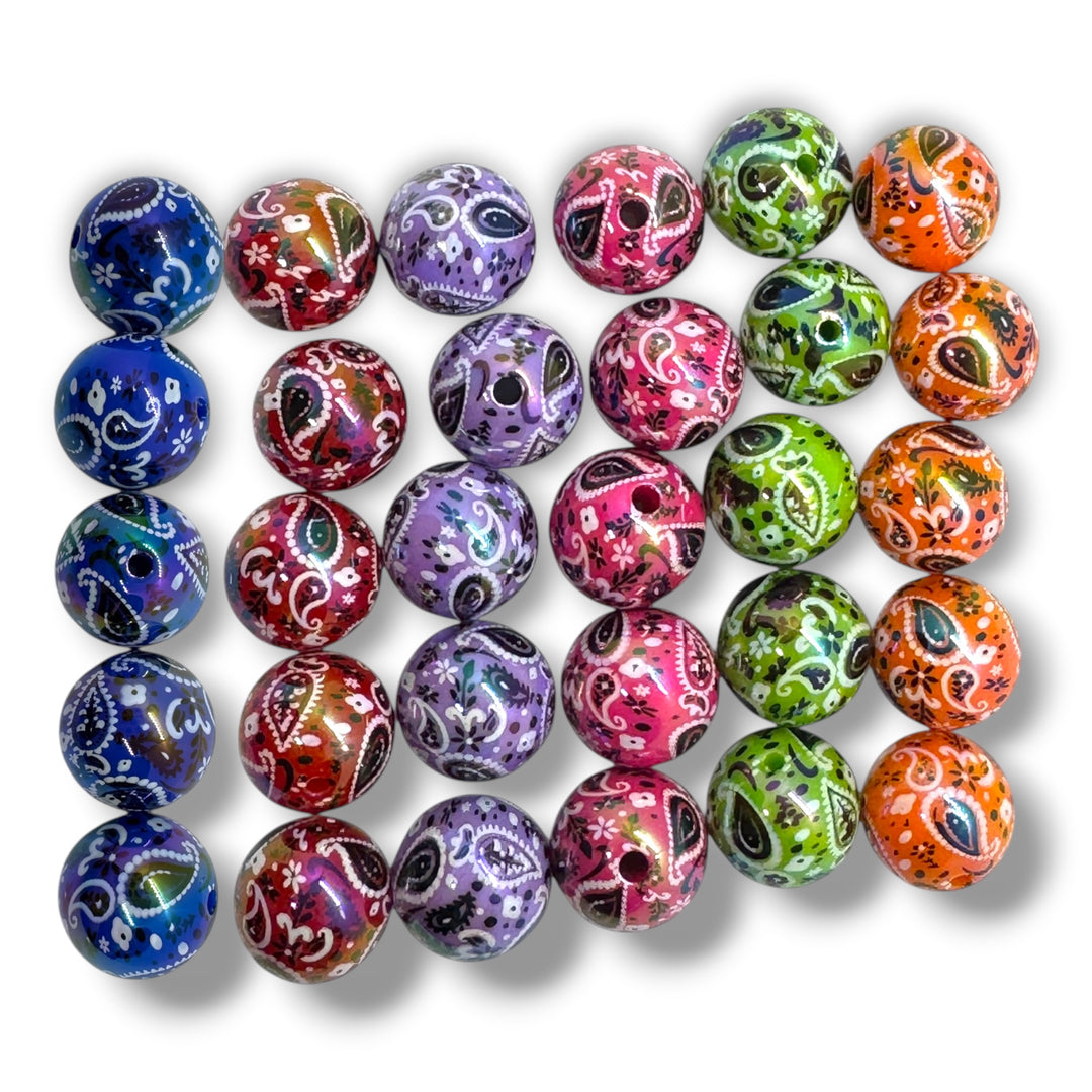 BoHo UV Paisley Bandana Printed 16mm Acrylic Beads - 20pc.