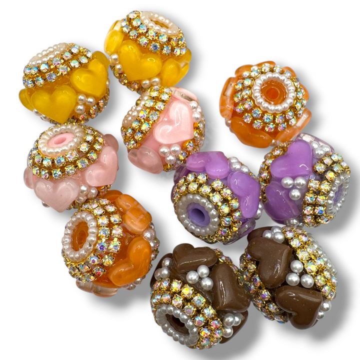 Acrylic Heart Charm With Gold Rhinestone Chain Bead Mix - 10pc. Mix
