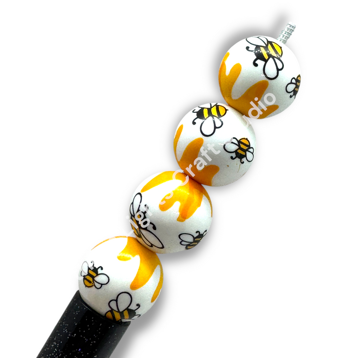 Bee and Honey Printed Mix White 16mm Acrylic Beads - 20pc.