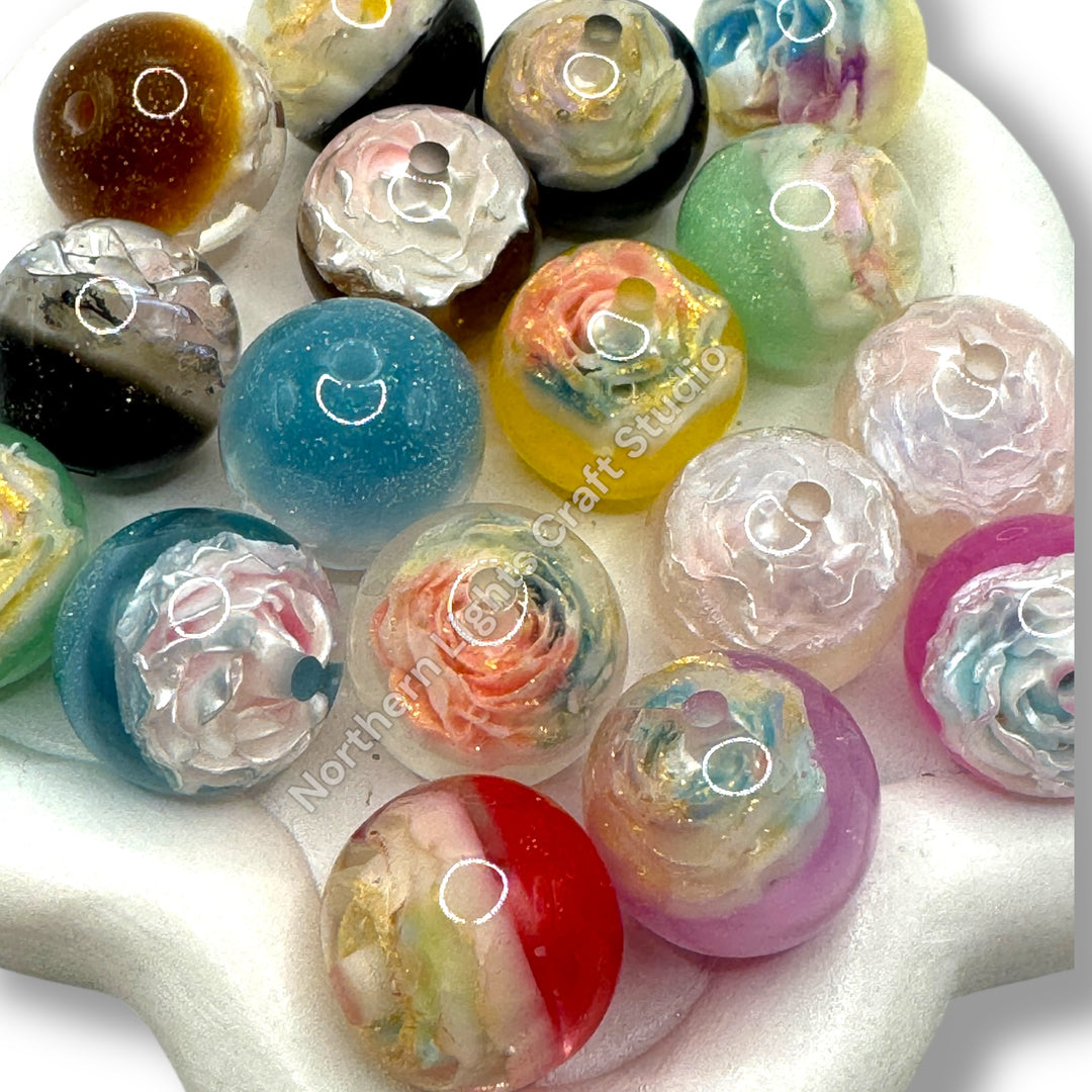 Glitter and Carved Flower Charm Color Changing Luminous Half Cat Eye 16mm Bead Mix  - 25pc.