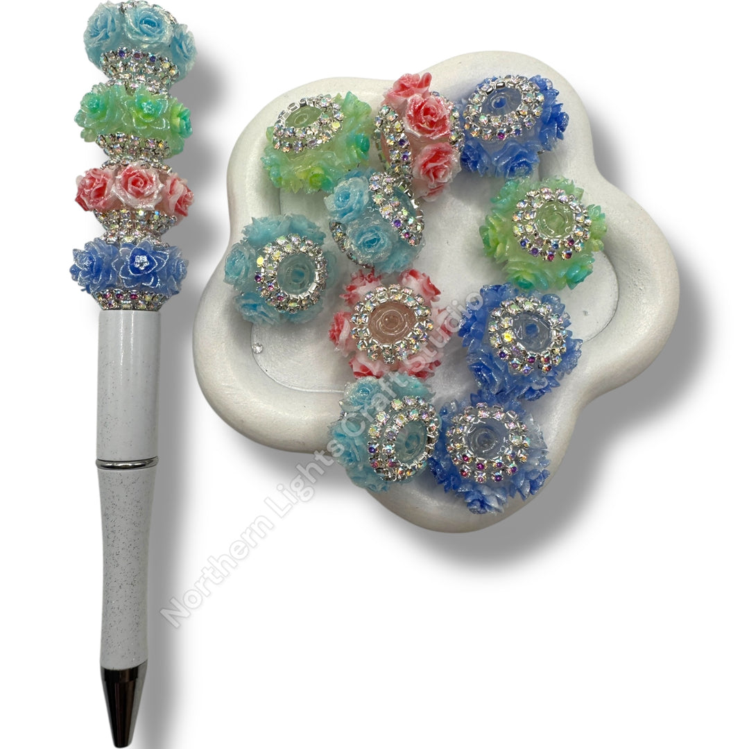Flower Indian Beads with Rhinestone and Glittery Flowers - 5 pcs.