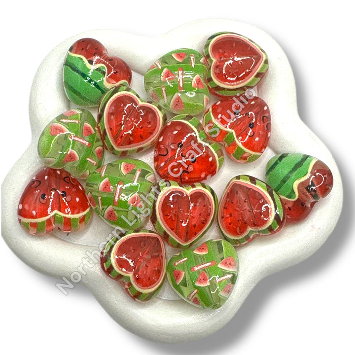Watermelon Heart Printed Acrylic 16mm Bead Mix - 20pc.