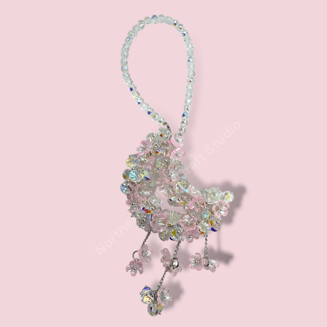 Pink Crystal and Flower With Gold Pins Crystal Moon Suncatcher / Moon Car Charm