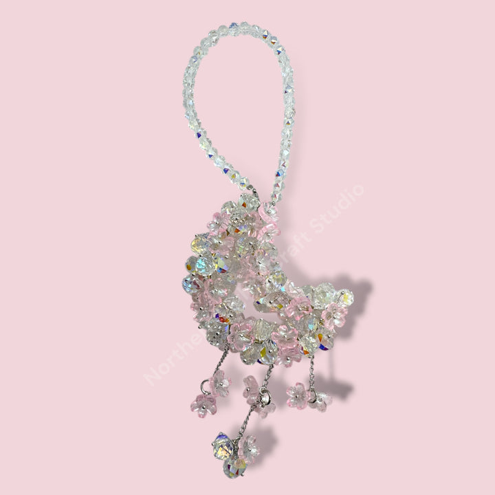 Pink Crystal and Flower With Gold Pins Crystal Moon Suncatcher / Moon Car Charm