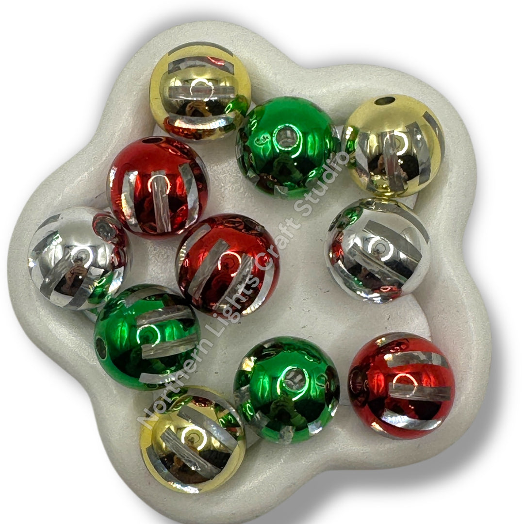 Shiny Striped Acrylic 20mm Beads - Christmas Mix - 10pc.