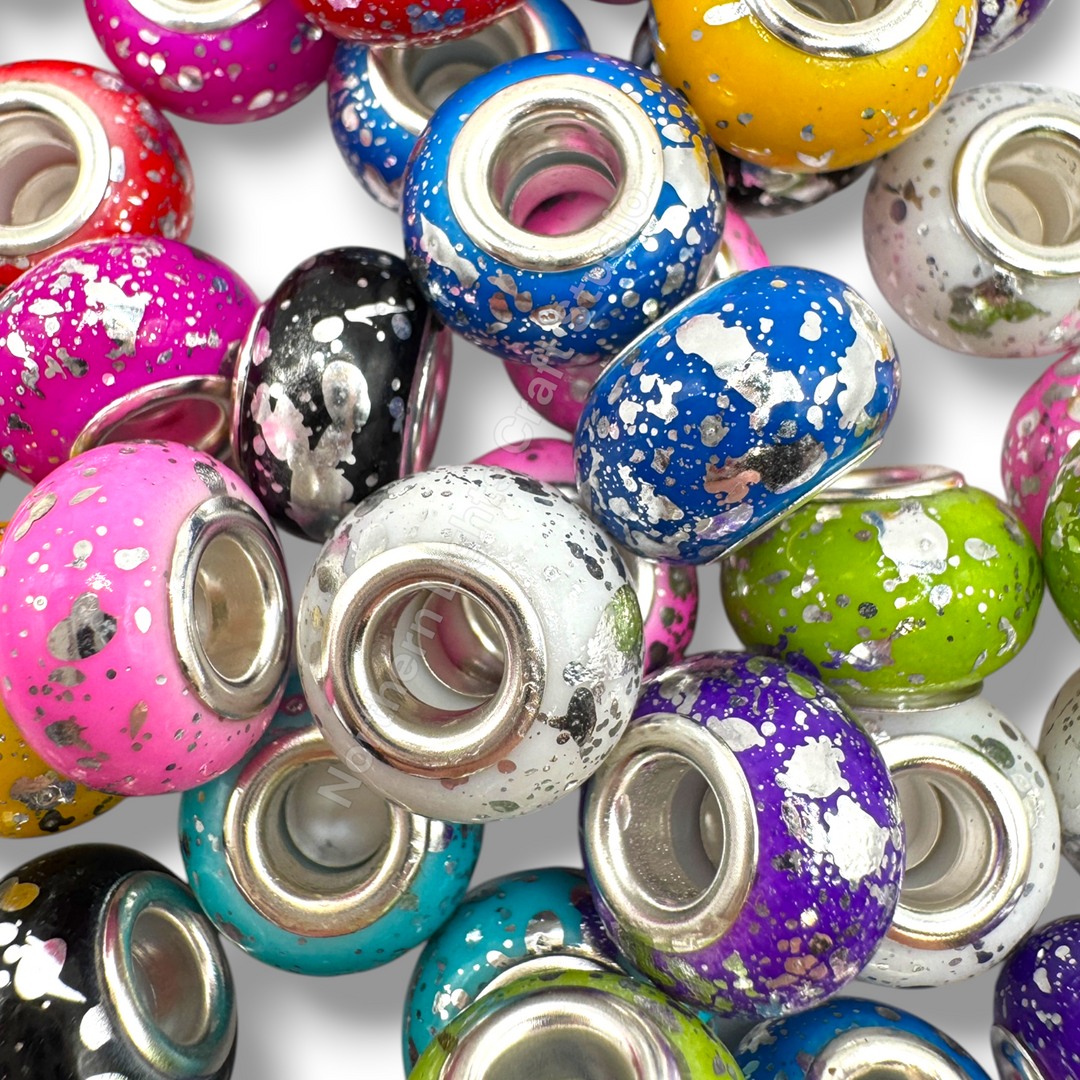 Silver Splatter Acrylic Wheel Spacer 14mm Bead Mix - 25pc.