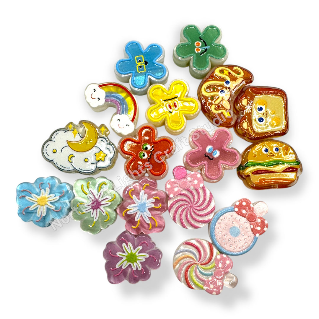 Acrylic Focal Beads, Two-Sided With Holes - Mix