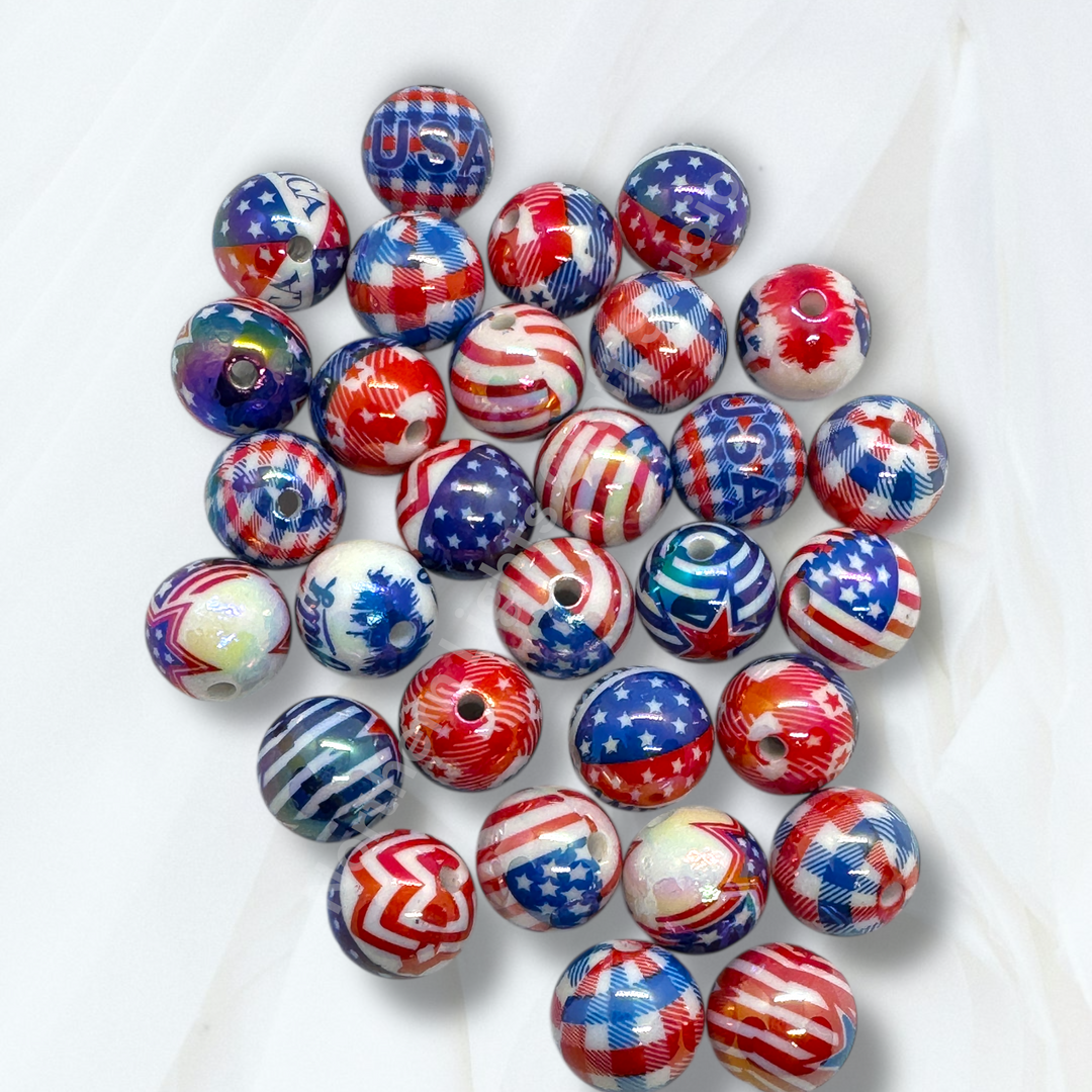 4th of July Theme UV Printed 16mm Beads - 20pc.