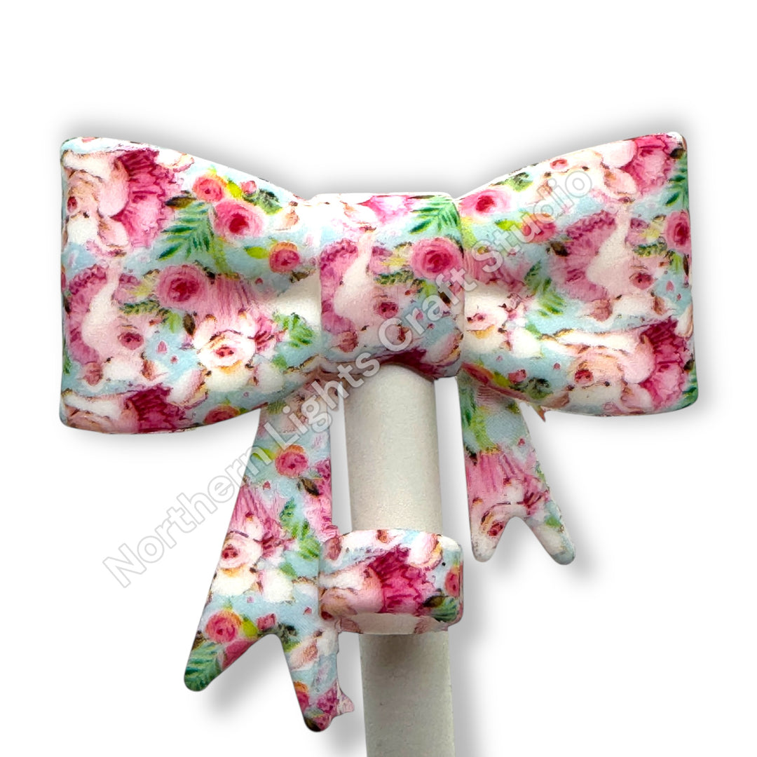 Floral Printed Silicone Bow Straw Cap Topper