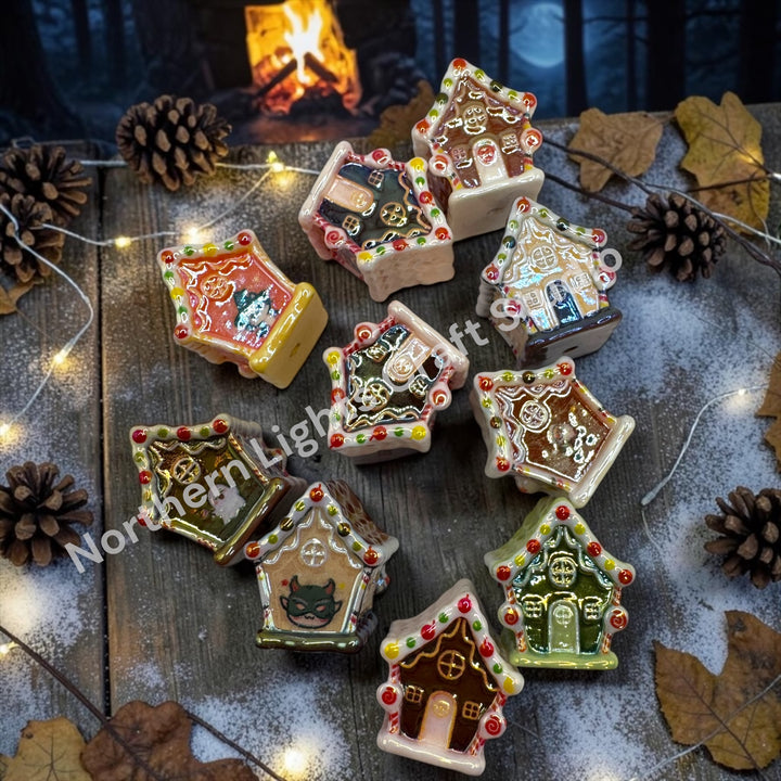 Halloween and Christmas Gingerbread UV Handpainted House Bead Mix -10pc.