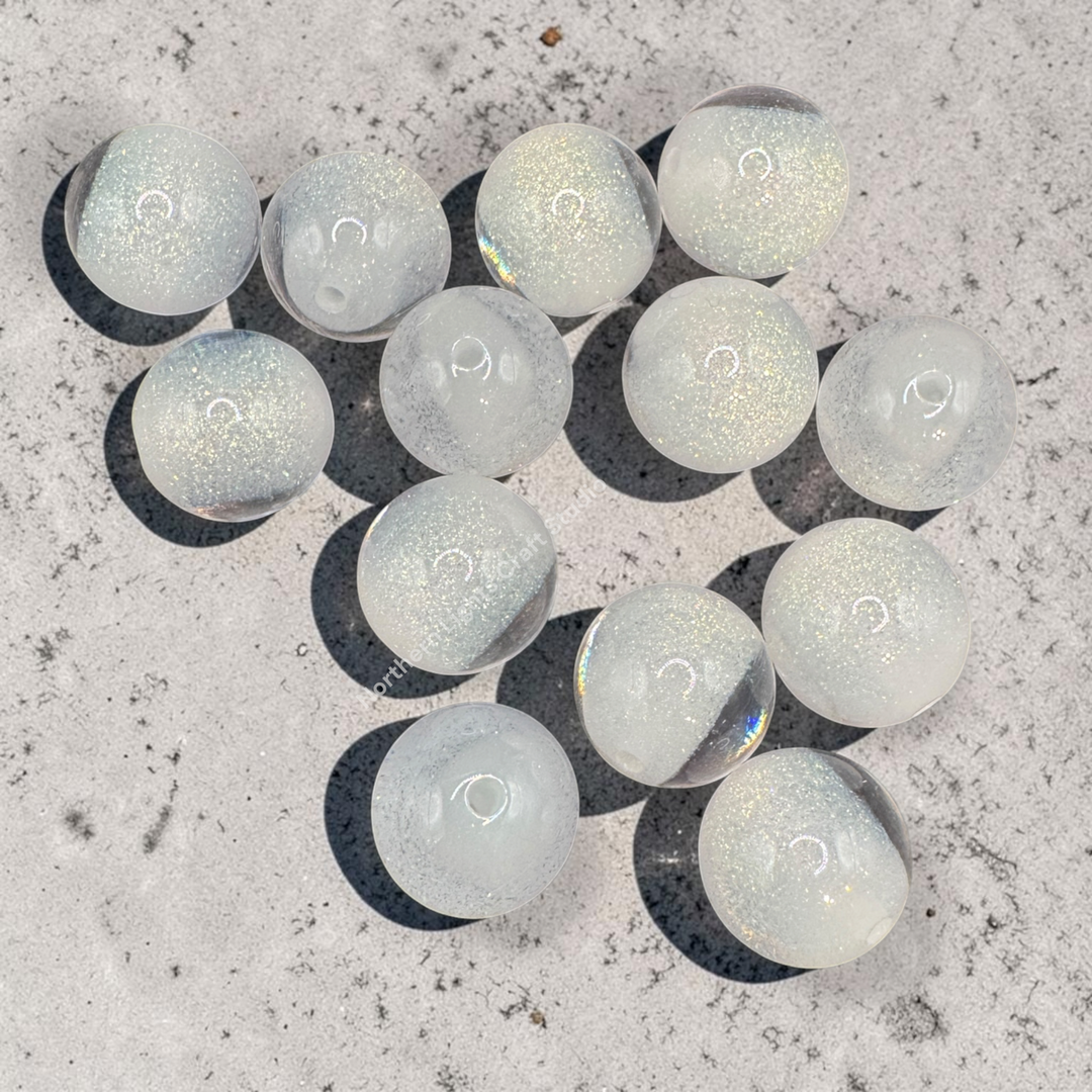 White Fine Glitter Double Layer Core 16mm Resin Beads - 20pc.