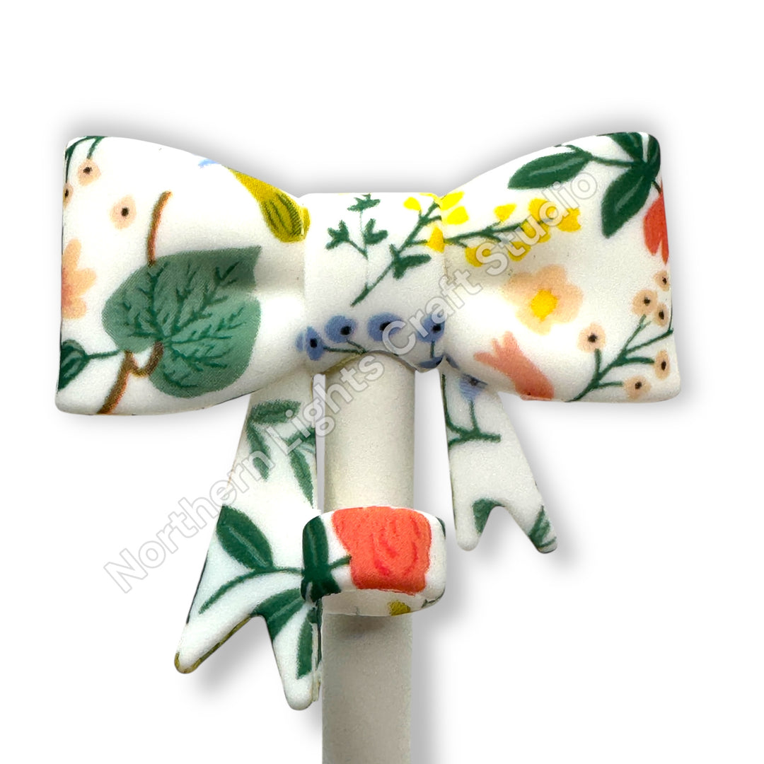 Floral Printed Silicone Bow Straw Cap Topper