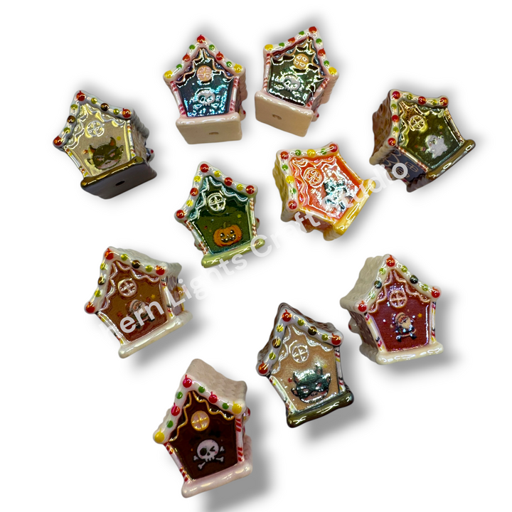 Halloween and Christmas Gingerbread UV Handpainted House Bead Mix -10pc.