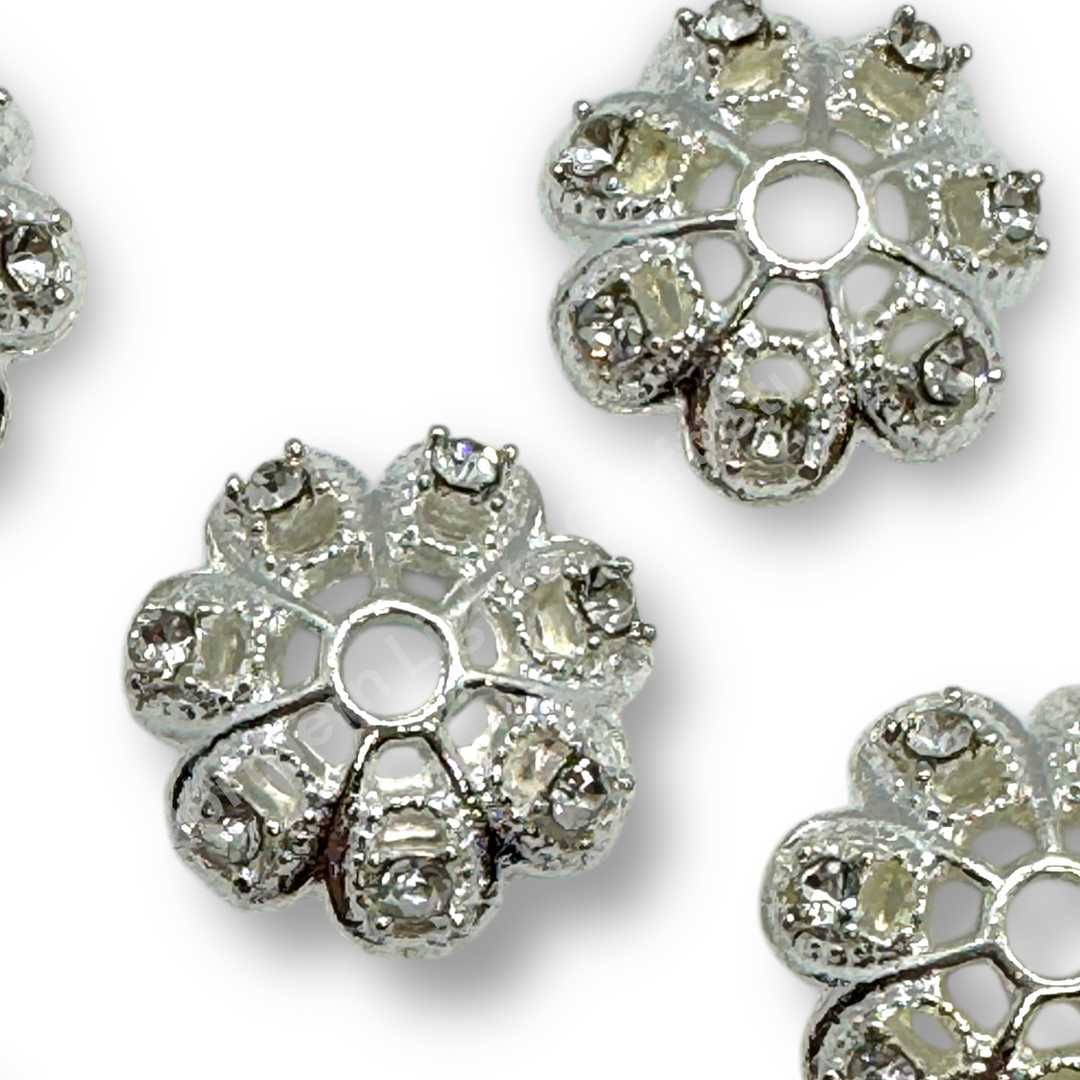 Silver Luxury Metal Flower Rhinestone Silver 16mm Bead Cap  - 10pc.