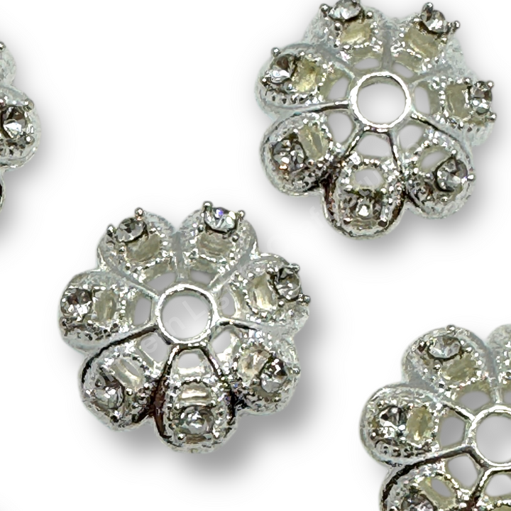 Silver Luxury Metal Flower Rhinestone Silver 16mm Bead Cap  - 10pc.