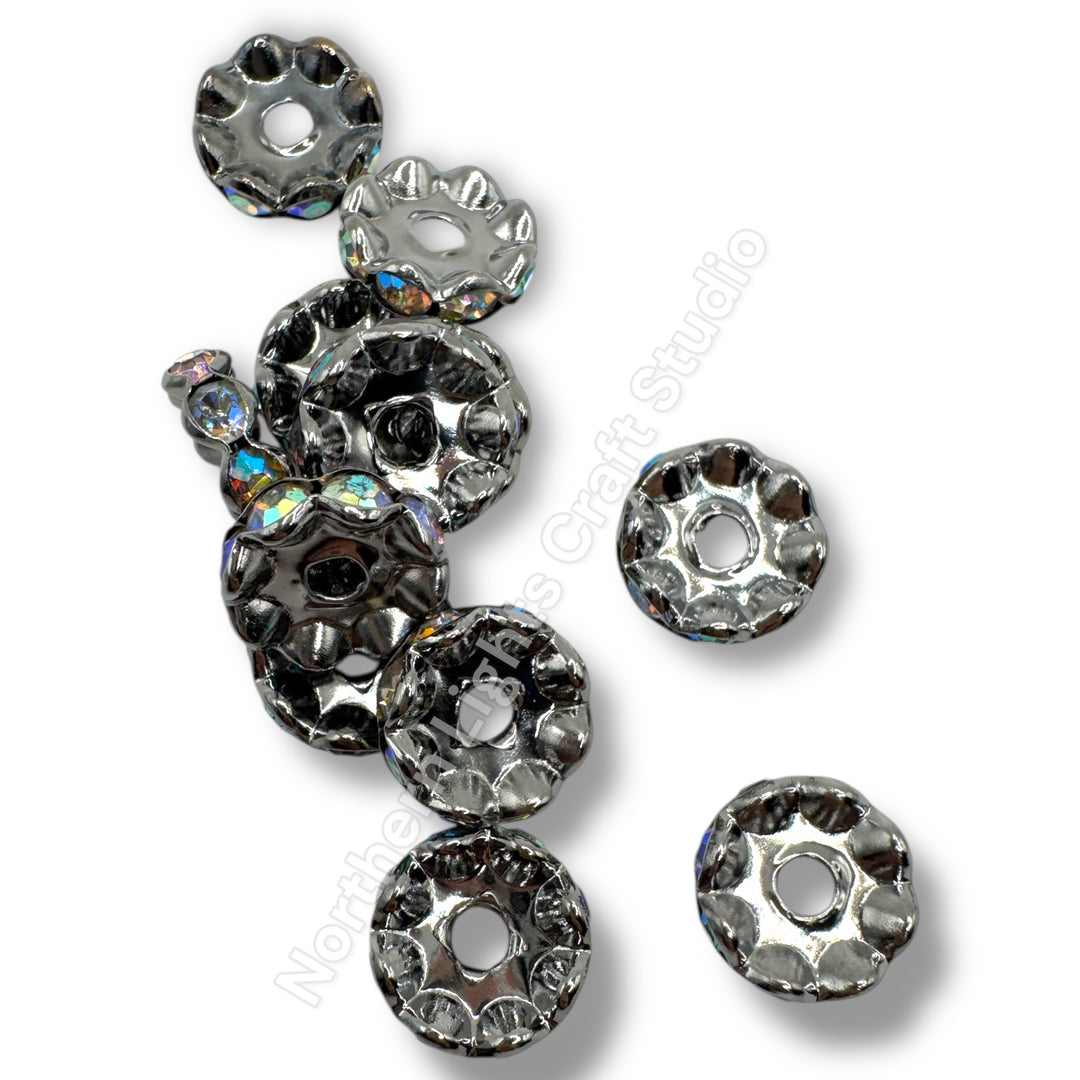 GunMetal Rhinestone 12mm Spacers -25pcs. (Clear or AB, Wavy or Round)