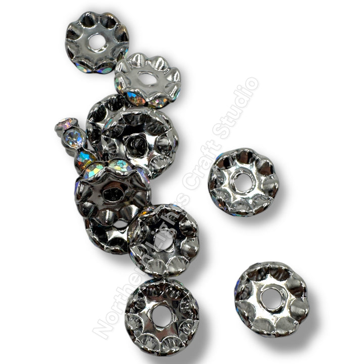 GunMetal Rhinestone 12mm Spacers -25pcs. (Clear or AB, Wavy or Round)