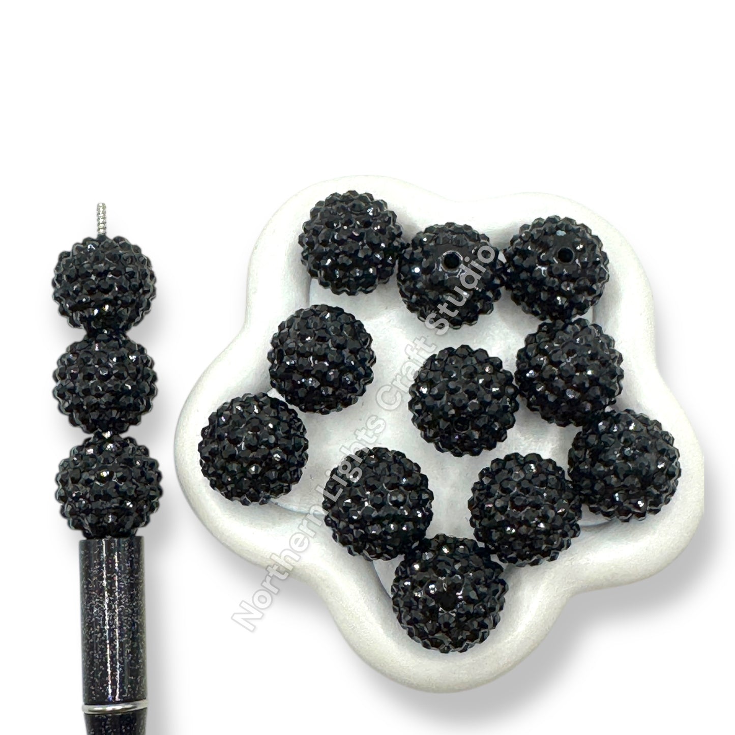 Black 20mm Acrylic Rhinestone Bubblegum Beads - 10pc.