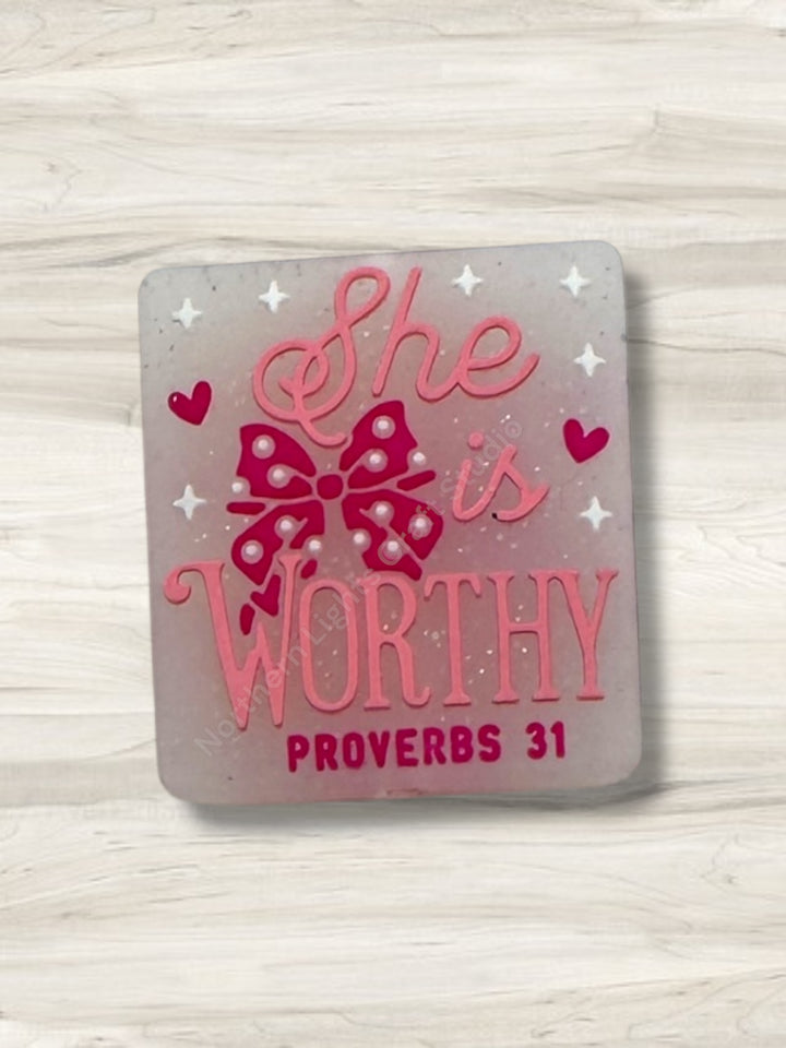 She Is Worthy Proverb 31 Glitter Jelly Focal Bead