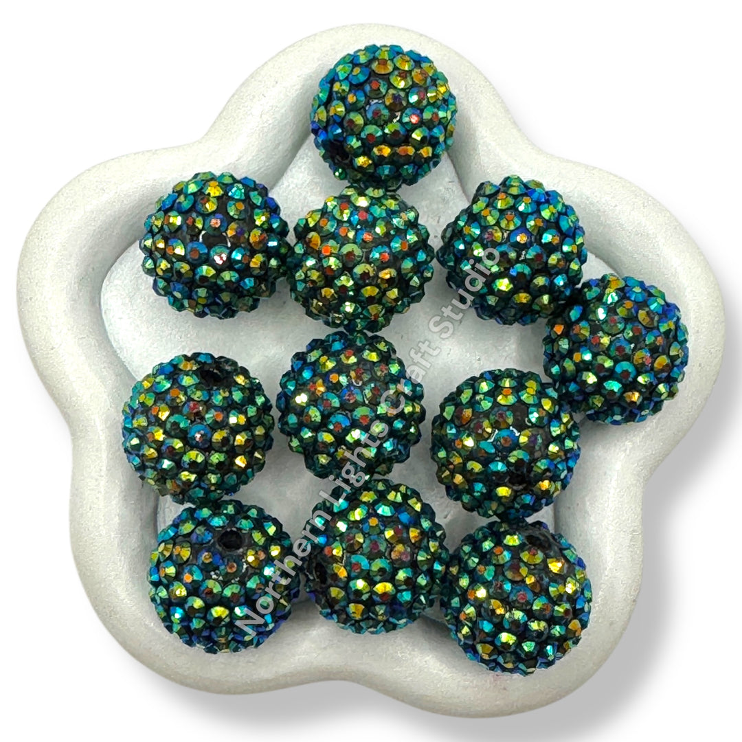 Dark Green AB 20mm Acrylic Rhinestone Bubblegum Beads - 10pc.